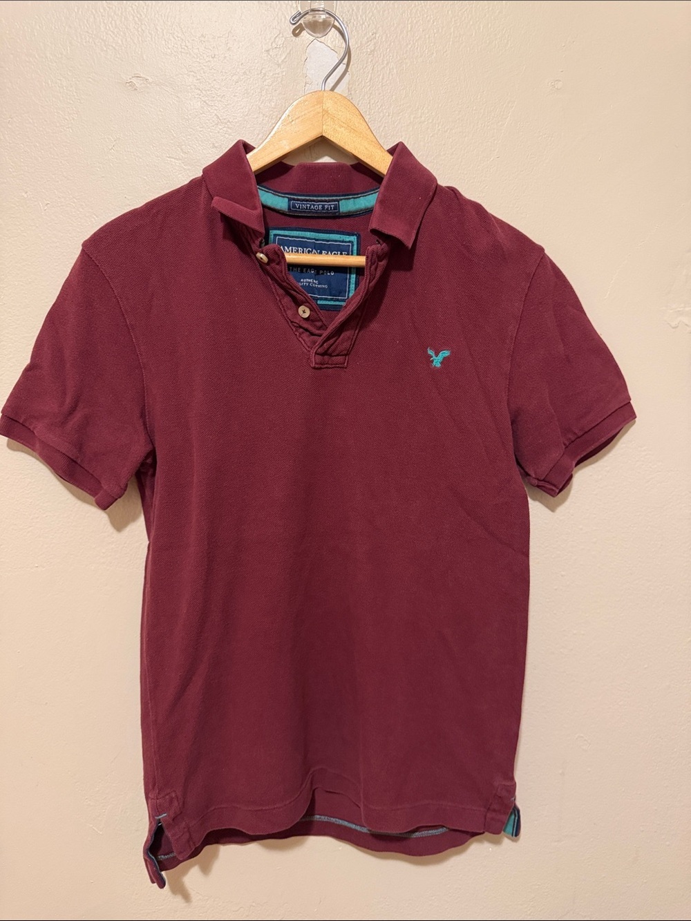 American Eagle Outfitters Men's Maroon Polo with Teal Logo